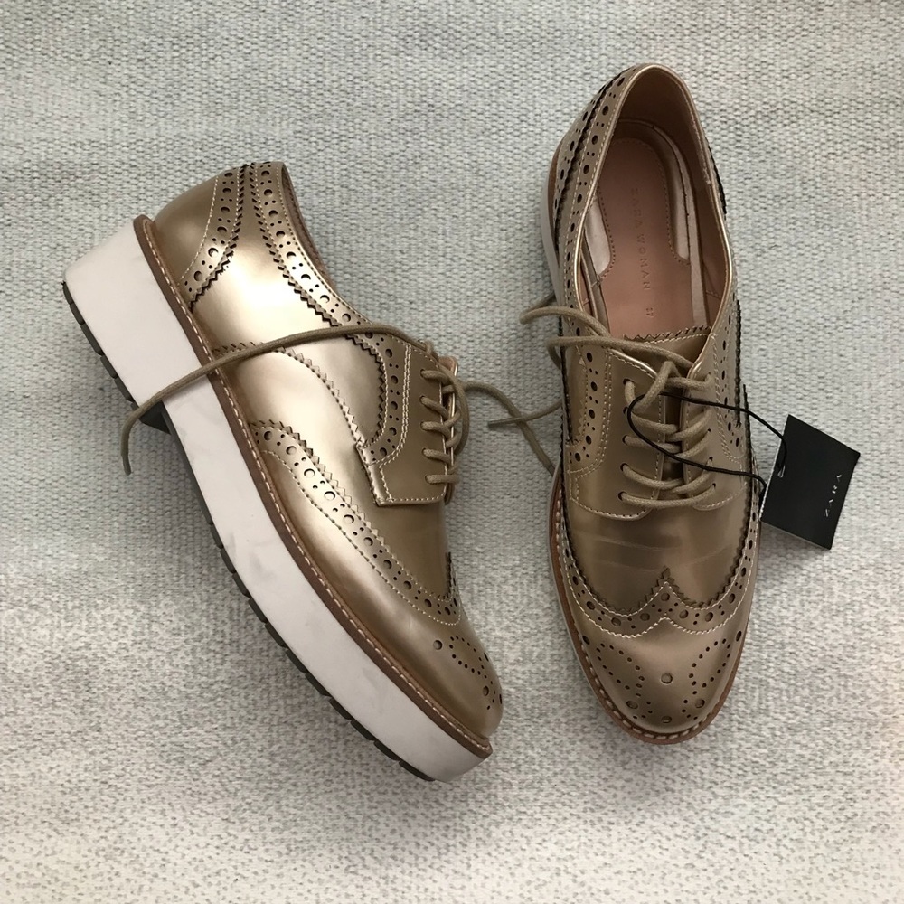 NWT ZARA GOLD PLATFORM BROUGUES IN GOLD - Picture 2 of 7